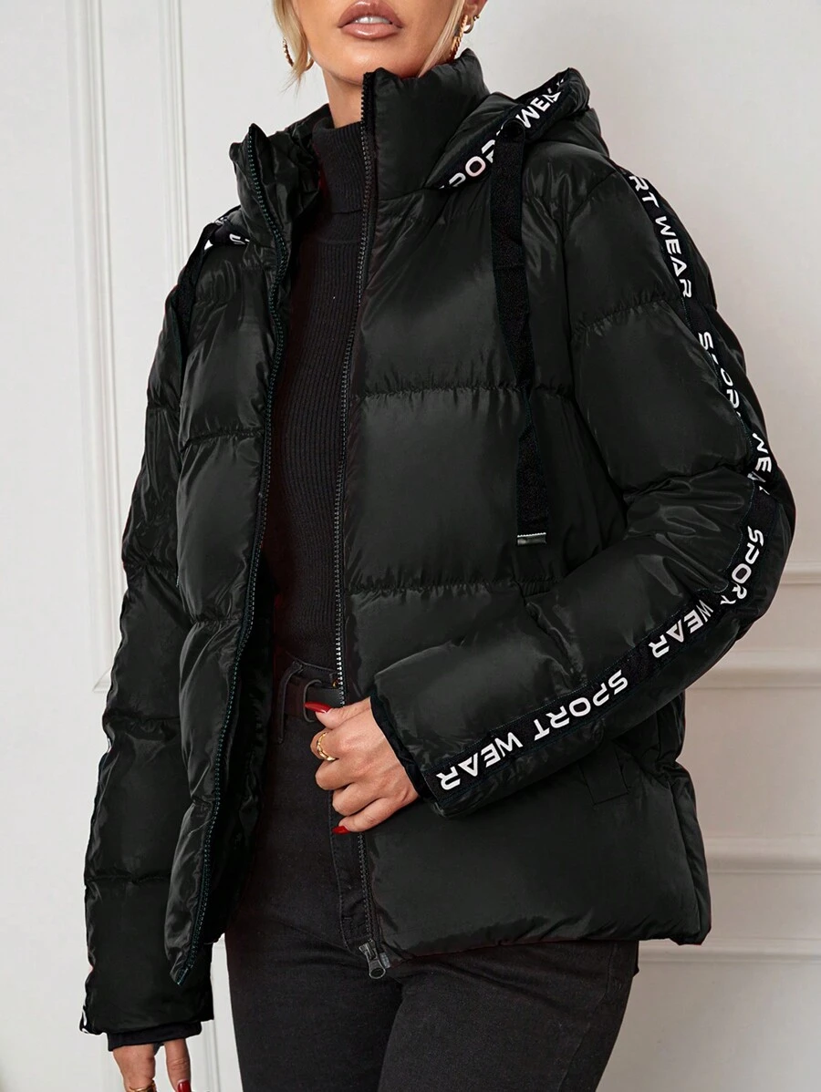 RueChic Letter Graphic Contrast Tape Drawstring Hooded Puffer Coat - Black - View 1