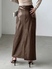 DAZY 纯色后开叉裙、铅笔裙、秋装皮裙 - 咖啡棕 - 查看 2