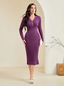 Modelyn Button Front Ribbed Knit Sweater Dress - Purple - View 4