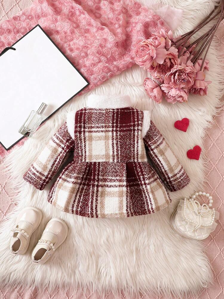 Baby Girl Plaid Print Contrast Fuzzy Trim Overcoat
