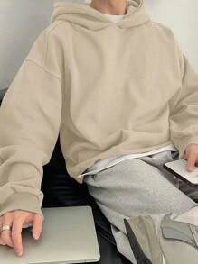 DAZY 男款純色下垂肩帽衫 - 杏色 - 查看 1