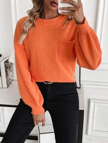 SHEIN LUNE 女性圓領落肩袖套頭毛衣 - 橘色 - 查看 4