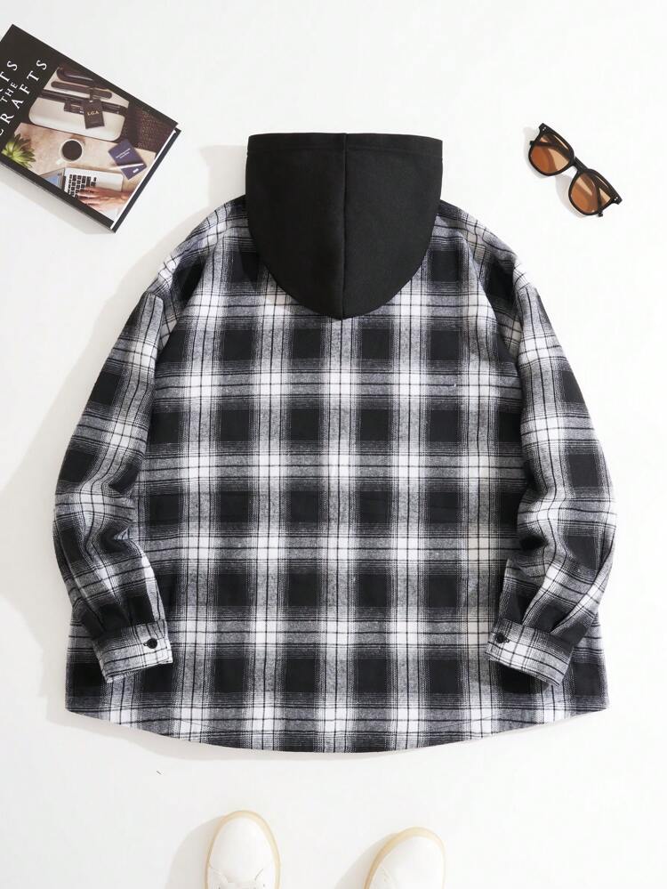 Plus Plaid Print Flap Pocket Drop Shoulder Hooded Coat