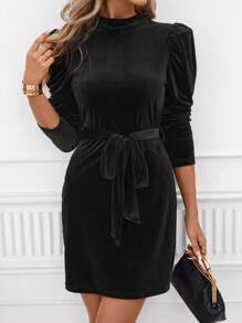 SHEIN Clasi Mock Neck Gigot Sleeve Belted Dress - Black - View 3