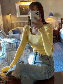 DAZY Solid Scoop Neck Ribbed Knit Sweater,Long Sleeve Tops,Fall Women Clothes - Yellow - View 8