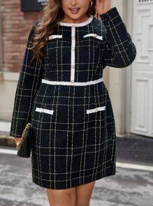 SHEIN Unity Plus Plaid Print Contrast Trim Dress - Black - View 1