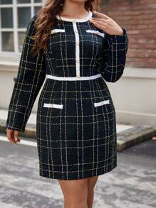 SHEIN Unity Plus Plaid Print Contrast Trim Dress - Black - View 6