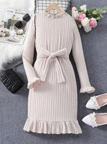 SHEIN Chica preadolescente Vestido con cinturón de manga amplia bajo con fruncido - Caqui - Ver 1