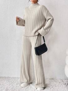 SHEIN Essnce Cổ giả Thả vai Áo len & Quần dệt kim - Màu be - Xem 7