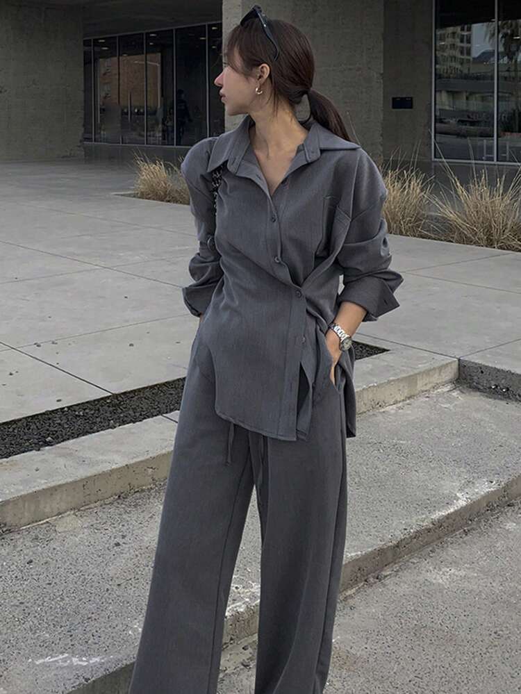 Ladies' Solid Color Pleated Shirt And Split Wide Leg Pants Set Office Wear,Women Two Pieces Sets Lounge Sets For Women