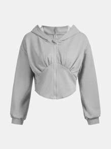 SHEIN Teen Girl Solid Color Drop Shoulder Casual Street Hooded Sweatshirt With Cinched Waist, Autumn - Grey - View 5