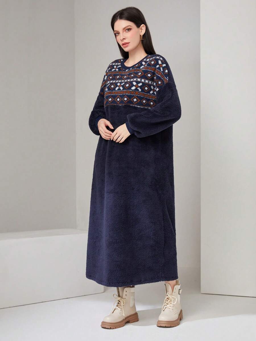 Mulvari Women's Geometric Pattern Drop Shoulder Dress - Navy Blue - View 1