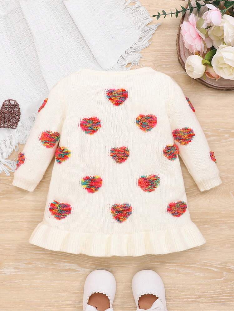 Baby Girl Heart Pattern Ruffle Hem Sweater Dress