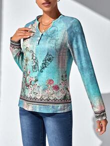 SHEIN LUNE In hoa Tay Raglan Áo thun - Nhiều màu - Xem 5