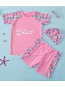 3入組青少年女孩花卉印花綁頸背心款比基尼泳裝 - 粉色 - 查看 1