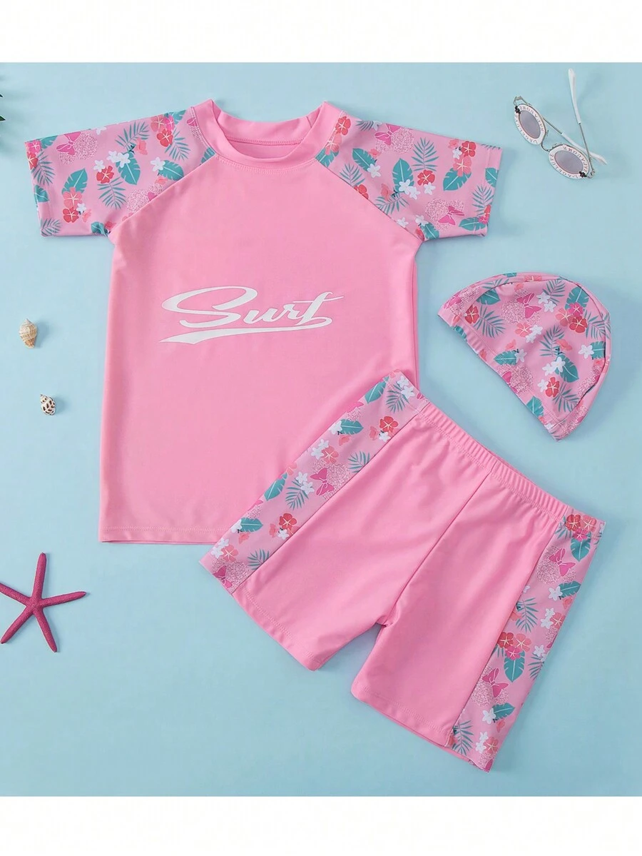 3入組青少年女孩花卉印花綁頸背心款比基尼泳裝 - 粉色 - 查看 1