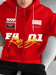 Manfinity EMRG 男士字母圖形拉鍊束口保暖帽衫,不含t恤 - 紅色 - 查看 1