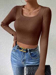 SHEIN Essnce Scoop Cổ Đồ đan Ribbed Áo len Crop - Cà phê nâu - Xem 4
