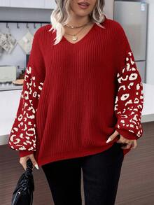 SHEIN LUNE Kích thước lớn In hoa Báo Áo len - Đỏ và trắng - Xem 5