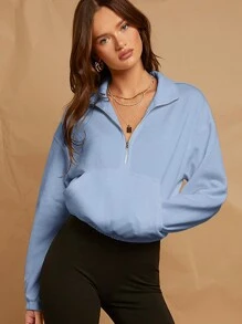 SHEIN EZwear 半拉鏈落肩袖袋鼠口袋運動衫 - 霧霾藍 - 查看 1