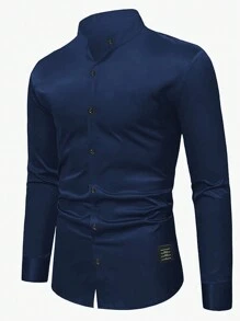 Manfinity Mode 男士長袖釦扣衫, 帶有字母刺繡 - 藏蓝色 - 查看 1
