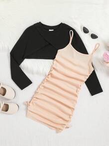 SHEIN 女大童素色吊帶洋裝&超短版圍裹T恤 - 黑色 - 查看 1