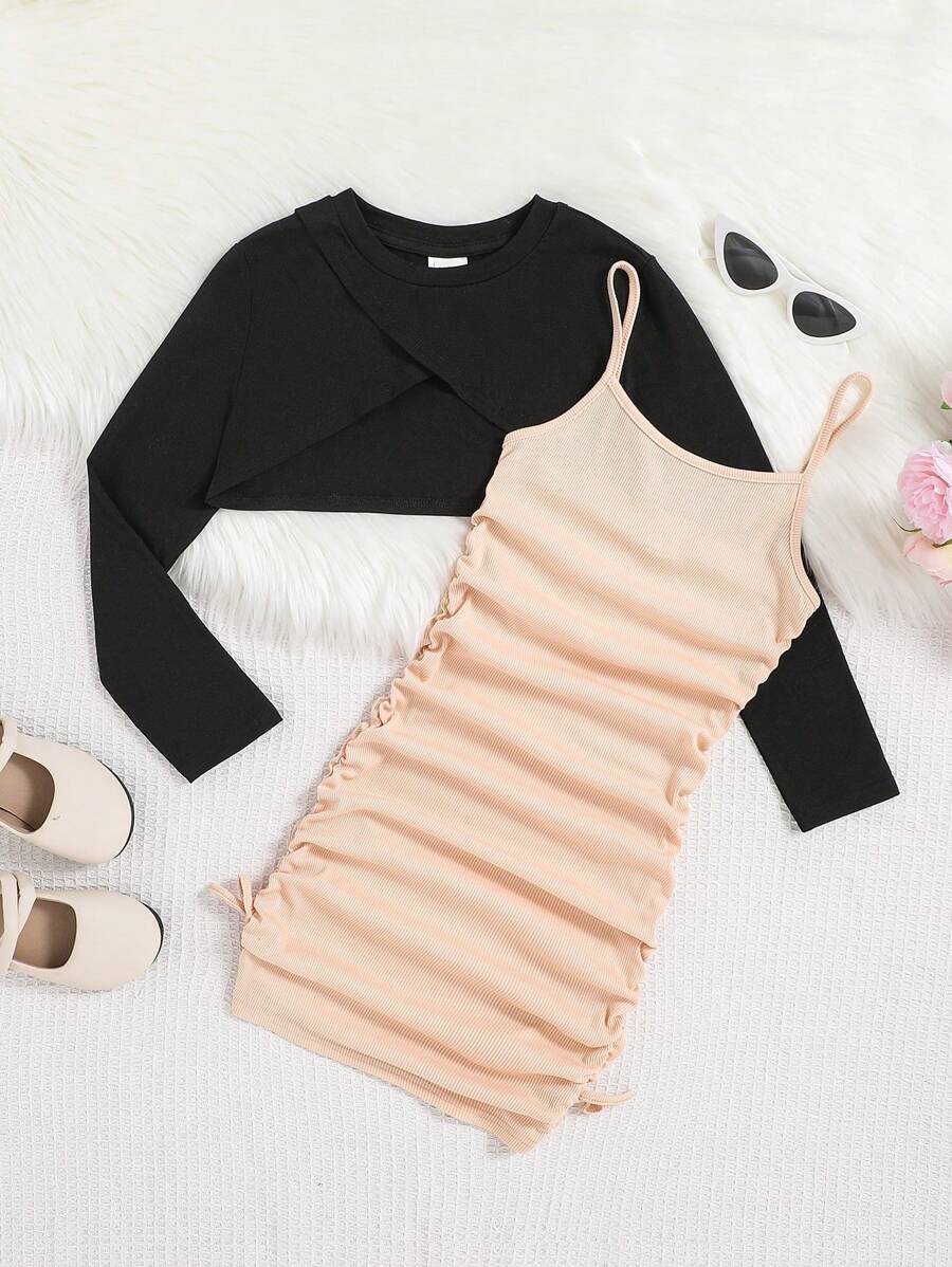 SHEIN 女大童素色吊帶洋裝&超短版圍裹T恤 - 黑色 - 查看 1