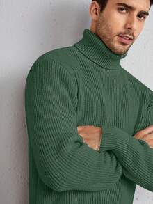 Manfinity Homme 男士基本款高領毛衣 - 軍綠色 - 查看 5