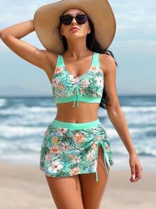 Swim Lushoire Conjunto de bikini con estampado tropical y cordón ajustable para la playa, con falda de playa