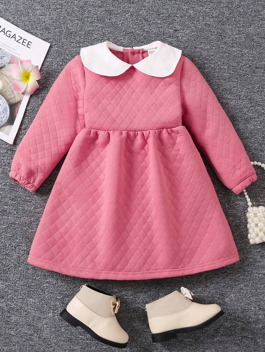 SHEIN Little Girls' Pink Long Sleeve Diamond Checkered Thickened Dress With Interlining For Autumn And Winter - Pink - View 1