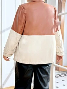 SHEIN Essnce Plus Two Tone Single Button PU Leather Blazer - Multicolor - View 2