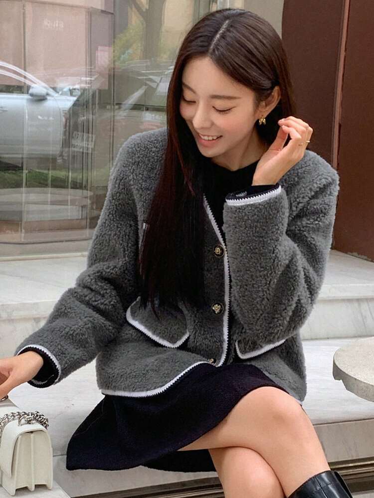 Contrast Binding Button Front Teddy Jacket