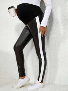 SHEIN Thai sản Đường may bên cạnh tương phản Vòng eo có thể điều chỉnh Cạp da PU - màu đen - Xem 6