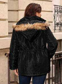 SHEIN Frenchy Plush Patchwork Hooded -Padded Coat With Waist Drawstring - Black - View 2