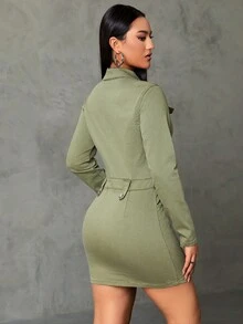 SHEIN ICON 扣釦前襟垂墜細節牛仔裙 - 軍綠色 - 查看 2