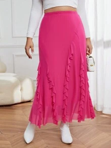 SHEIN Privé 大尺寸純色蕾絲下擺半身裙 - 粉色 - 查看 6