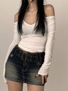 DAZY Off-Shoulder Plain T-Shirt Long Sleeve Women Tops,Fall Women Clothes Crop Women Tops - White - View 4