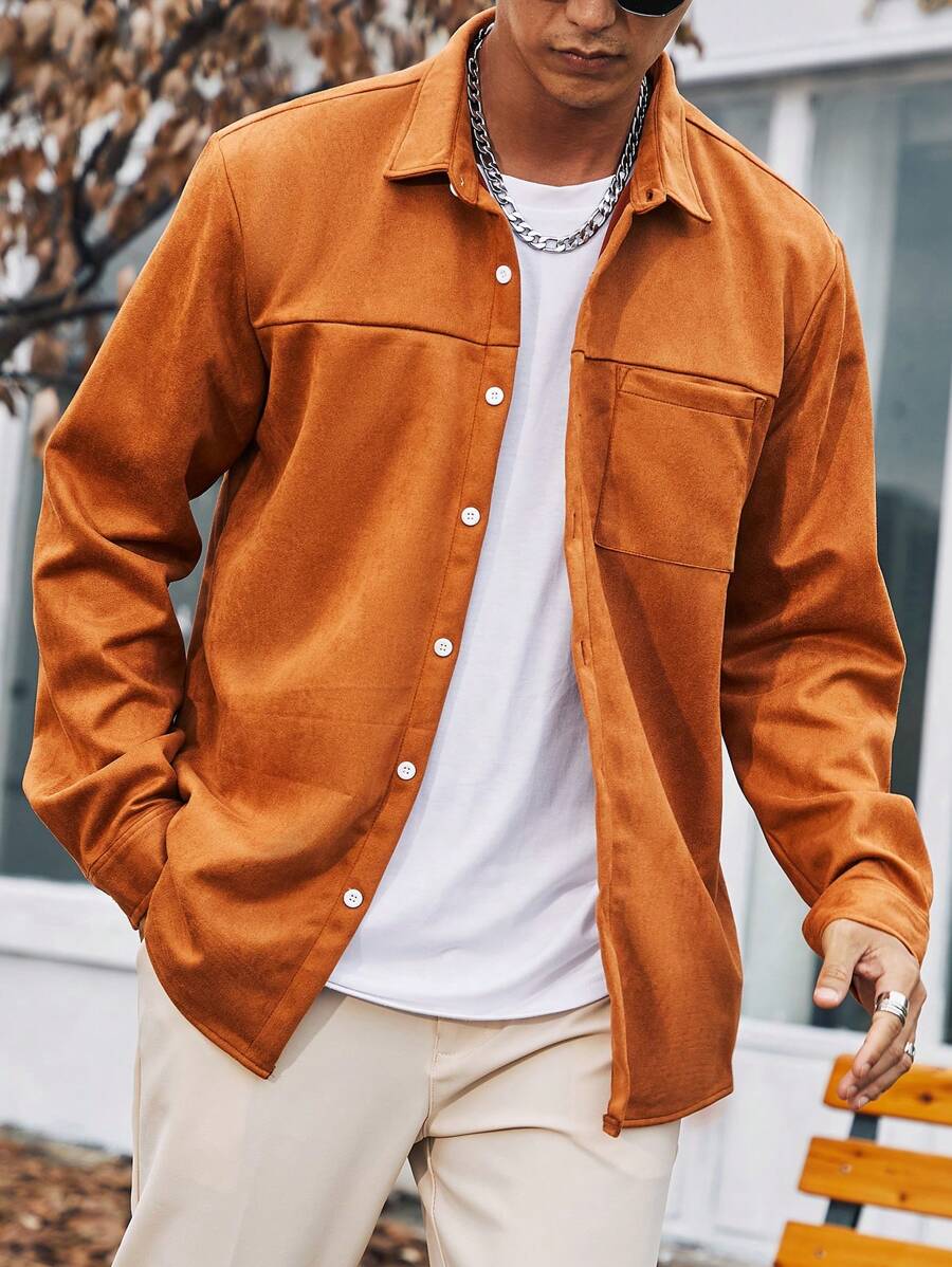 Manfinity Homme Men Plus Solid Corduroy Shacket Without Tee - Rust Brown - View 1