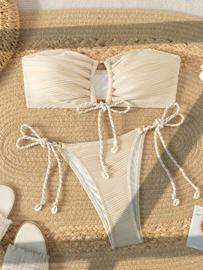 SHEIN Swim Summer Beach Solid Color Knot Front Bikini Set