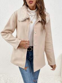 SHEIN Frenchy Abrigo De Lana Para Mujer Con Cuello De Piel - Albaricoque - Ver 6