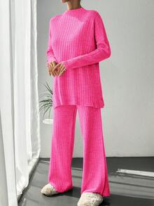EURMUSE 落肩袖下擺開叉套頭毛衣和針織褲 - 粉色 - 查看 5