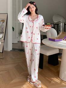 DAZY 女式水果印花上衣和长裤睡衣套装秋冬 - 白色 - 查看 3