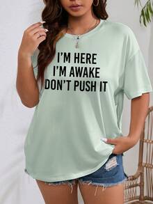 SHEIN EZwear Kích thước lớn Của phụ nữ Lá thư In Áo thun - Màu xanh Bạc hà - Xem 4