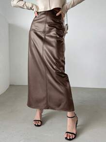 DAZY 纯色后开叉裙、铅笔裙、秋装皮裙 - 咖啡棕 - 查看 3