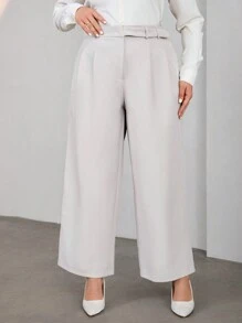 SHEIN Privé Plus Size Solid Color Wide Leg Pants - Light Grey - View 3