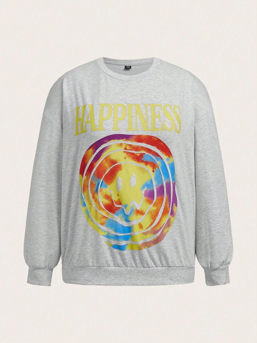 SHEIN EZwear 大碼字母和卡通圖案落肩袖運動衫 - 淺灰色 - 查看 1