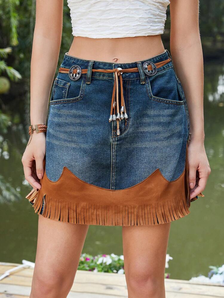 Colorblock Fringe Hem Denim Skirt