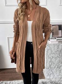 EMERY ROSE Twisted Knitted Cardigan With Pockets - Khaki - View 1