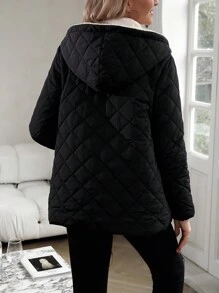 SHEIN Essnce Zip Up Hooded Teddy Lined Quilted Padded Coat Clothes Winter - Black - View 2