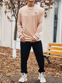 Manfinity Homme 男士大码字母刺繡落肩袖運動衫 - 卡其色 - 查看 3